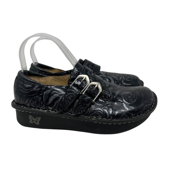 Alegria Black Rose Pattern Leather Slip-On Shoes With Double Buckle Size 7/7.5 - Picture 1 of 14